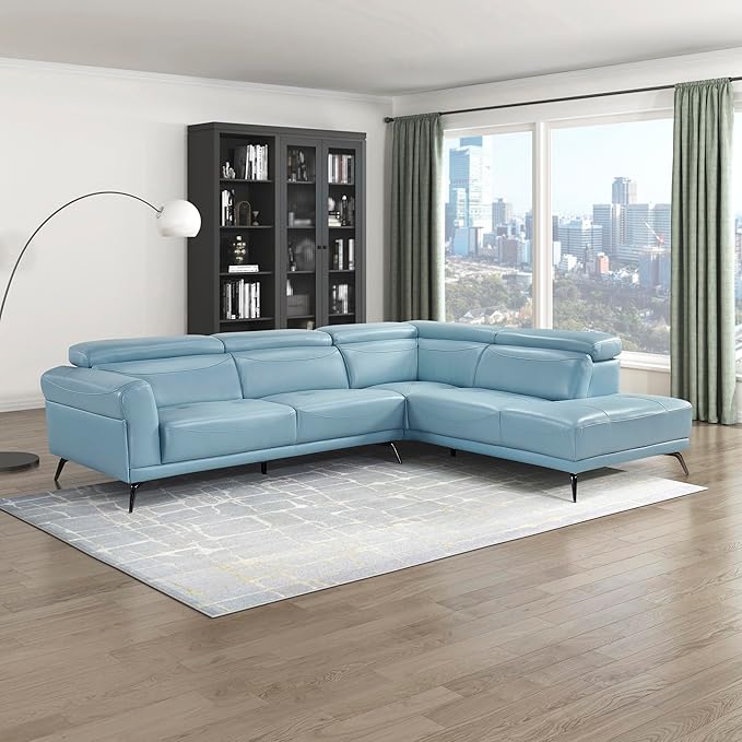 Lexicon L-Shaped Sectional Couch with Right Chaise, Top Grain Leather Match Sectional Sofa, Adjustable Headrests, Black Chrome Metal Legs, High-Density Cushions, Stitching, for Living Room, Blue