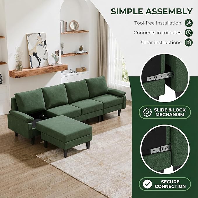 4-Seat U-Shaped Modular Sofa with Double Storage Ottoman - Space-Saving Convertible Lounge Couch for Home & Office, Green