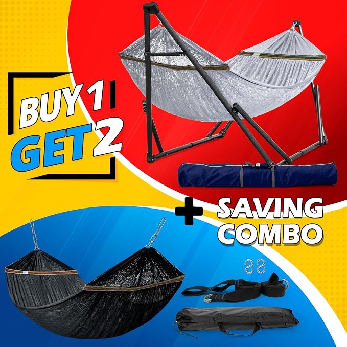 Tranquillo Combo x2 Hammocks with Stand for Outside & Tree Straps, Heavy Duty Hammock with Stand 600lbs for Indoor Outdoor Patio Backyard, x2 Hammocks for 2 Person (Combo - Grey, Medium) - Image 2