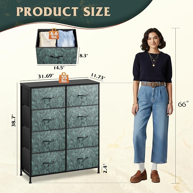 WLIVE Fabric Dresser for Bedroom, Tall Dresser with 8 Drawers, Storage Tower with Fabric Bins, Double Dresser, Chest of Drawers for Closet, Playroom, Dormitory, Vintage Green - Image 3