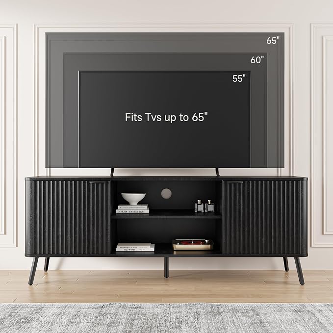Fatmok TV Stand, 58" Modern Media TV Console Table with Storage for 55/60/65 inch TV, Mid Century Entertainment Center with Fluted Door Cabinets and Open Shelves TV Cabinet for Living Room, Bedroom - Image 4