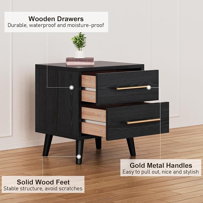 Aiho Nightstand Set of 2, Bedside Table Set for Bedroom, Wood Nightstand with Metal Handles 2 Drawer Dresser, Black Nightstand - Image 5