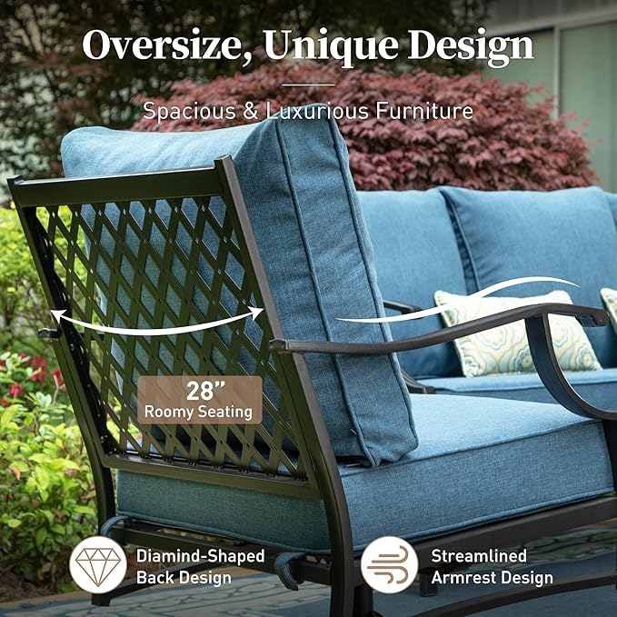 7 Piece Metal Outdoor Patio Furniture Set, Patio Conversation Sets 1 3-seater Sofa, 4 Fixed Chair, 2 Ottomans with 5.75" Thick Cushion, Black All-weather Frame Backyard Furniture, Navy