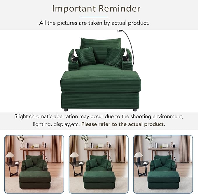 Merax Modern Corduroy Single Sofa with Ottoman, Two USB Ports & Cup Holders, Small Couch with Pillows & Phone Holder for Living Room Green