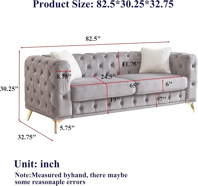 KEIKI 83" Luxury Oversized Velvet Chesterfield Sofa with 2 Pillows, Mid-Century Style 3-Seater Tufted Buttons Couch with High-Density Foam Cushions, Easy Assembly, for Apartment, Living Room, Grey