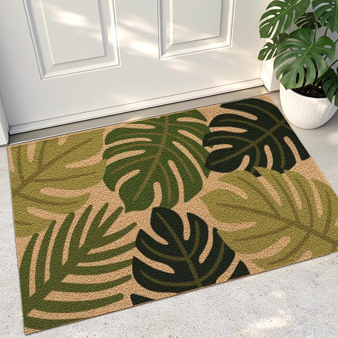 DEXI Front Door Mat Outside Entrance Coir, 2x3 Heavy Duty Entry Tropical Plant Doormat, Non Slip Exterior Entryway Floor Dirt Trapper for Porch Patio, Green Monstera Leaves by DEXI