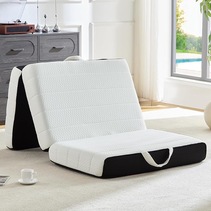 ROXGOX Foldable Mattress, Single Tri-Fold Memory Foam Mattress Topper with Washable Cover, Handle & Non-Slip Bottom, 4 Inch Portable Folding Bed for Guest, Yoga, Living Room, Camping - 75"x25"x4"