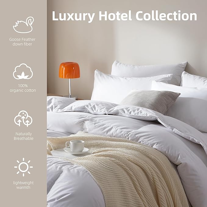 Goose Feather Down Fiber Comforter Queen Size,100% Organic Cotton Duvet Insert,All-Season Luxury Duvet Insert with Baffle Box Design, 750+Fill Power Hotel Collection Bedding Comforter
