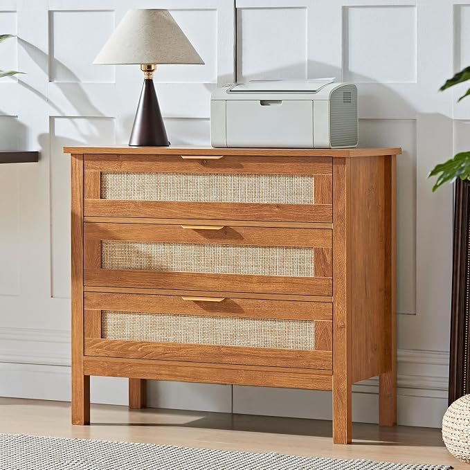 LEYAOYAO 31.5" Wide Rattan Nightstand, Large Boho 3 Drawer Night Stand, Tea Brown Bedside Table with Storage, Tall Bed Side End Tables, Chest of Drawers Dressers for Bedroom, Living Room, Hallway - Image 8