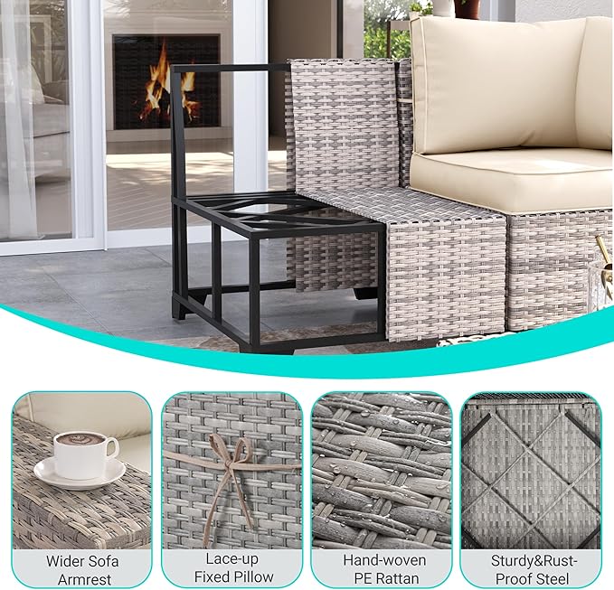 7-Piece Outdoor Patio Furniture Set with 55,000 BTU Fire Pit Table, PE Wicker Rattan Sectional Sofa Patio Conversation Set with Thickened Cushions & Coffee Table, Ivory