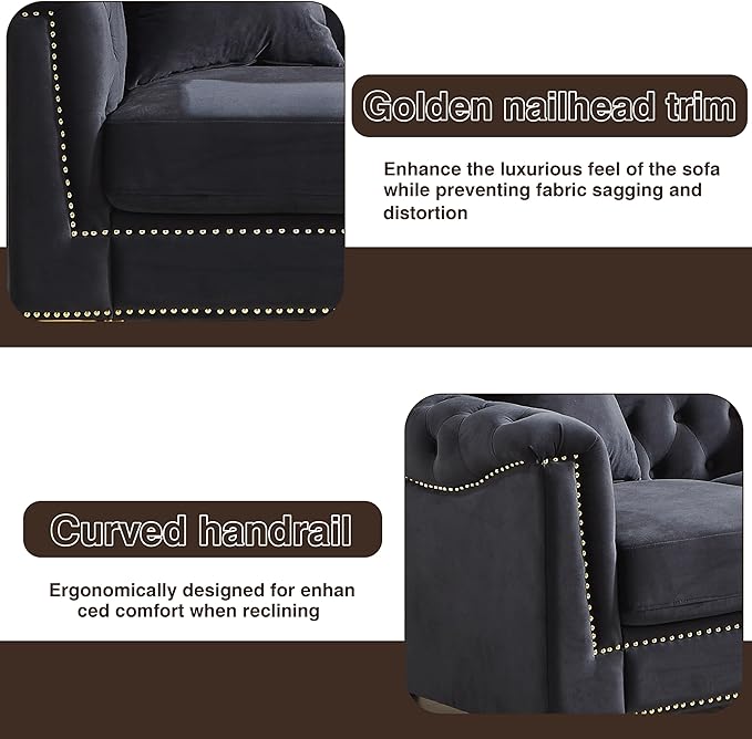 KEIKI 84" Chesterfield Sofa, Upholstered 3 Seat Couch with Rolled Arm for Living Room, Bedroom, Office, Black