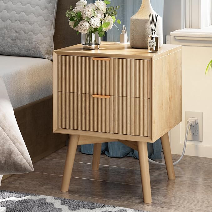 Fluted Nightstand with Charging Station and Solid Wood Legs, 18" Beveled Edges Night Stand, 2 Drawer End Table w/Metal Handle, Modern Bedside Table for Bedroom Sofa Home Office, Natural Oak by FavourLife