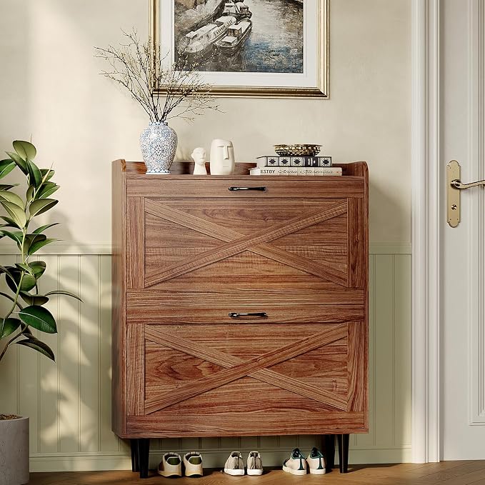 VINGLI Shoe Storage Cabinet for Entryway with 2 Flip Drawers, Ultra Slim Freestanding Entryway Shoe Organizer with Wood Tapered Legs,Hidden Closed Shoe Rack,31.6" W * 9.4" D * 39.4" H, Walnut - Image 6