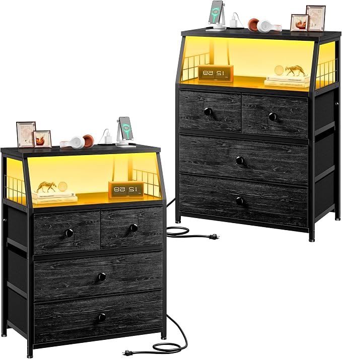 EnHomee Nightstands Set of 2, Bedside Table with Charging Station & LED Lights, End Table with 4 Fabric Drawers, Furniture for Bedroom, Dorm, Closet, Entryway, Wood Top, Black by EnHomee