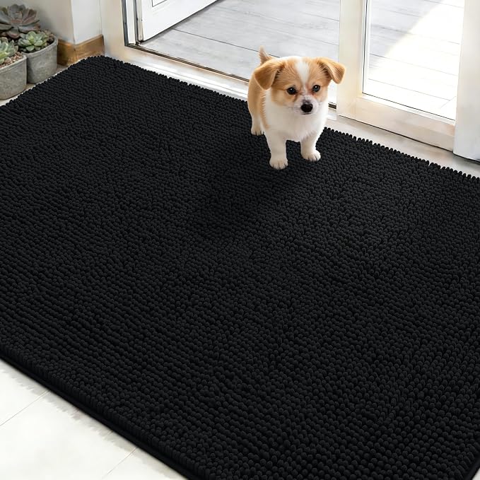 OLANLY Dog Door Mat for Muddy Paws 50x30, Absorbs Moisture and Dirt, Absorbent Non-Slip Washable Doormat, Quick Dry Chenille Mud Mat for Dogs, Entry Indoor Entryway Carpet for Inside Floor, Black by OLANLY
