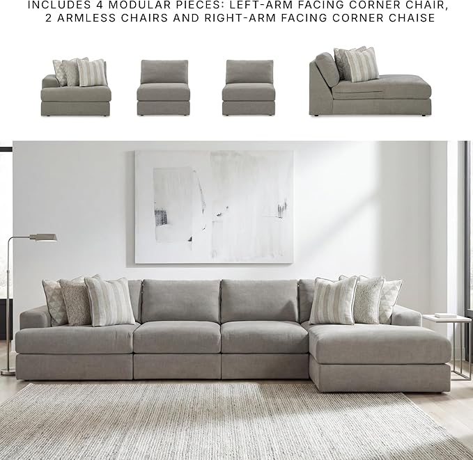Signature Design by Ashley Avaliyah Modern Modular Anti Sag Right-Arm Facing 4-Piece Sectional with Reversible Cushions and 6 Accent Pillows, Gray