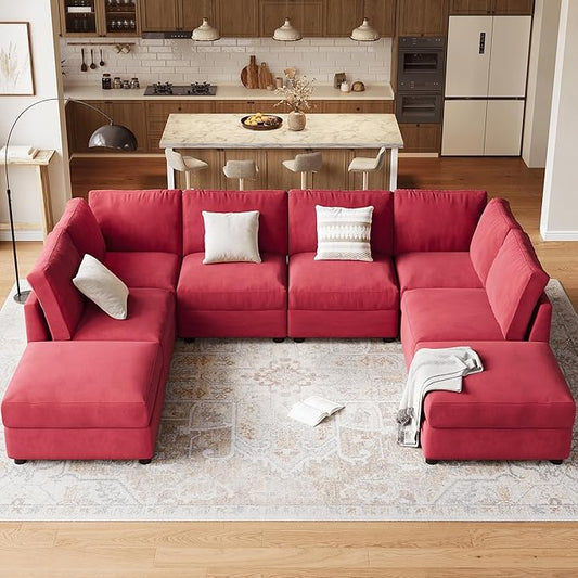 GAOMON Oversized Modular Sectional Sofa, 8 Seater Sectional Couch, 138" U Shaped Sofa with Movable Ottoman, Convertible Modular Couch for Living Room Apartment and Office, Chenille Red