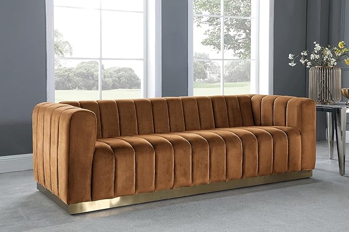 Meridian Furniture 603Saddle-S Marlon Collection Modern | Contemporary Velvet Upholstered Sofa with Deep Channel Tufting, Stainless Steel Base in a Brushed Gold Finish, Saddle, 86.5" W x 34" D x 28" H