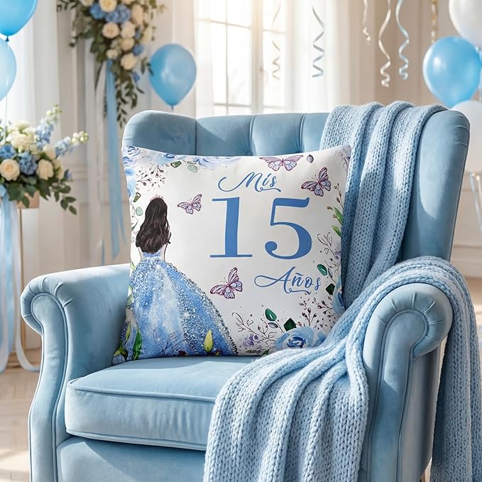 Kathfly Cojines para 15 Años De Quinceañera Decoration 16 x 16 Inche Blue Quinceañera Pillow Gifts Mis Xv Años Throw Pillow Sweet for Daughter Sister Friend 15th Birthday Gifts