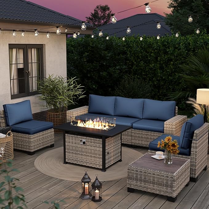 7PCS Outdoor Patio Furniture Set with 55,000 BTU Fire Pit Table, PE Wicker Rattan Sectional Sofa Patio Conversation Set with Thickened Cushions & Coffee Table for Garden, Navy Blue