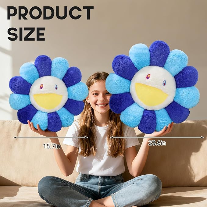 Flower Pillow,Flower Shaped Throw Pillow,Cute Smiley Face Floor Cushion,Colorful Sunflower Plush Pillows,Cute Plushie Room Decor, Decorative Pillows for Bedroom,Sofa,Dorm (Blue,23.6In)
