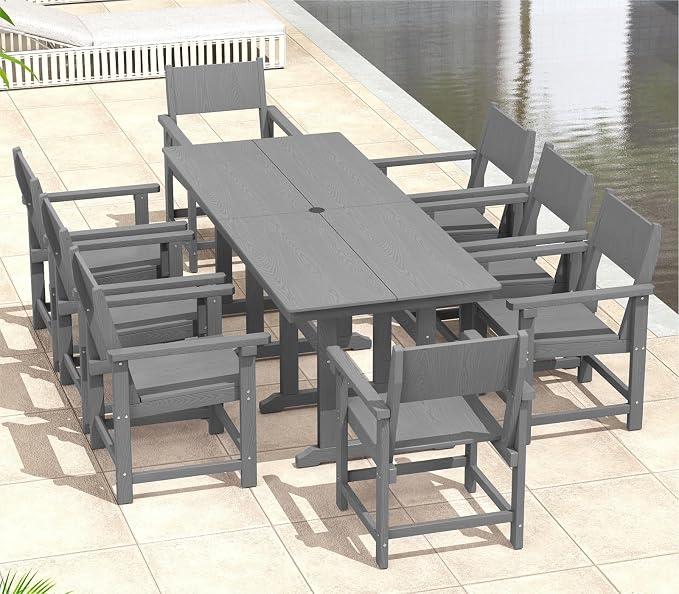 9-Piece Outdoor Dining Set, HDPE Weatherproof Patio Table and Chairs Set for 8, Outdoor Patio Furniture Sets with Umbrella Hole for Outside, Deck, Backyard, Garden (Grey) by BIVODA