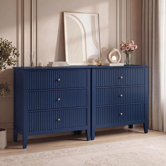 RoyalCraft 32" Large Nightstand Set of 2, Fluted Painted Wood Dresser with 3 Spacious Drawers, Blue Modern Bedside Table for Bedroom by Bringyoubetterlife