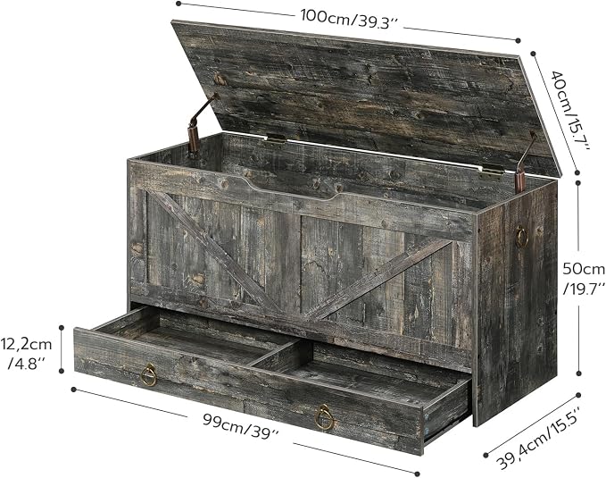 HOOBRO Storage Chest, 39.3" Toy Chest with Drawer, Wooden Storage Bench, Sturdy Entryway Bench Supports 220 lb, Shoe Bench, Safety Hinge, U-Shaped Opening, Easy Assembly, Vintage Gray VP710CW01G1 - Image 3
