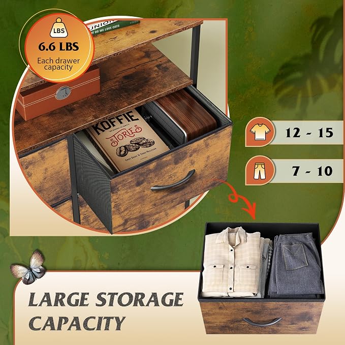 WLIVE Fabric Dresser for Bedroom with Open Shelves, Tall Dresser with 8 Drawers, Storage Tower with Fabric Bins, Chest of Drawers for Closet, Hallway, Rustic Brown Wood Grain Print - Image 5