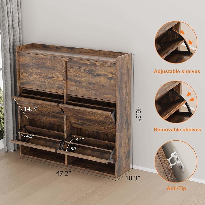 GarveeHome Shoe Cabinet with 6 Flip Drawers, Wooden Shoe Organizer Cabinet with Adjustable Shelf, Shoe Storage for Entryway, Hidden Shoe Cabinet for Hallway, Living Room, Rustic Brown - Image 2