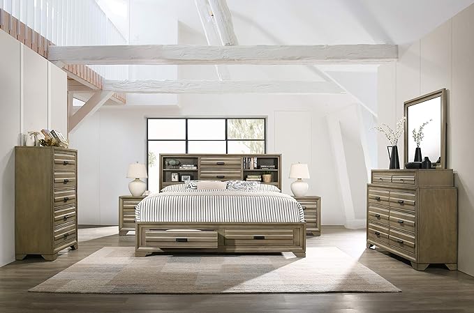 Roundhill Furniture Loiret Light Grey Finish Wood Storage Platform Queen Bedroom Set with Dresser, Mirror, Two Nightstands, Chest