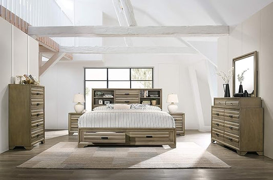 Roundhill Furniture Loiret Light Grey Finish Wood Storage Platform Queen Bedroom Set with Dresser, Mirror, Two Nightstands, Chest