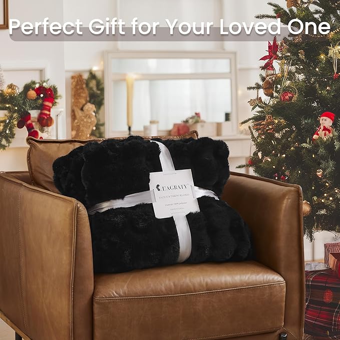 L'AGRATY Faux Rabbit Fur Blanket: 50" x 60" Luxury Soft Fluffy Thick Fur Throw Blanket for Couch Bed Sofa - Cozy Plush Bubble Blankets for Winter: Warm Flannel Fleece Decorative Blanket(Black)