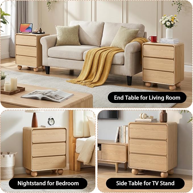 AVZEAR Wooden Night Stand wth 3 Drawer Dresser Mid Century Modern End Table Chest of Drawers, Solid Wood Legs & Curved Profile Design, Farmhouse Side Table for Living Room, Natural - Image 9