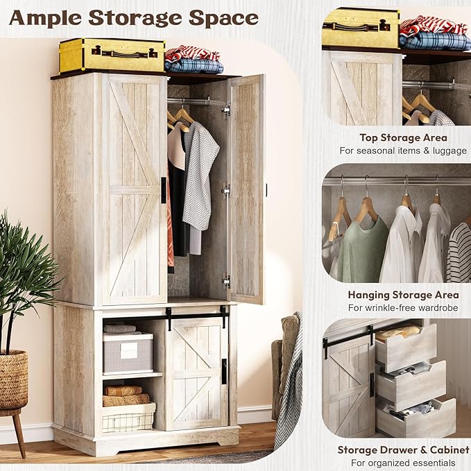 71" Tall Farmhouse Armoire Wardrobe Closet with 3 Drawers and Sliding Barn Door, 3 Doors Wooden Wardrobe Cabinet Clothing Storage Cabinet Organizer, Neoclassical White