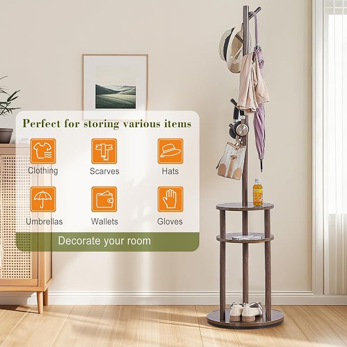 VECELO Coat Rack Freestanding, Entryway Hanger Stand, Umbrella Holder, Hall Tree With Hooks, Floor Standing Metal Tree Stand,Walnut - Image 7