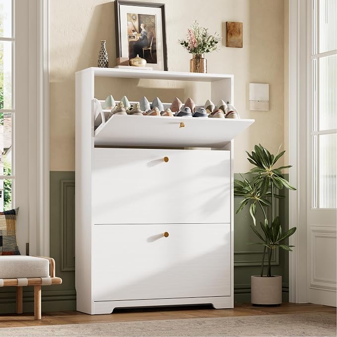Nicetree Shoe Cabinet with 3 Flip Drawers, Narrow Shoe Organizer Cabinet, Freestanding Shoe Rack Cabinet, Morden Shoe Storage Cabinet for Entryway, Hallway, Foryer, White by Nicetree