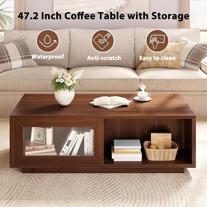 HSH Coffee Table for Living Room, Long Rectangle Coffee Table with Storage, Farmhouse Wood Low Coffee Tables, 2-Tier Wood Desktop Center Tea Table with Open Shelf, Walnut