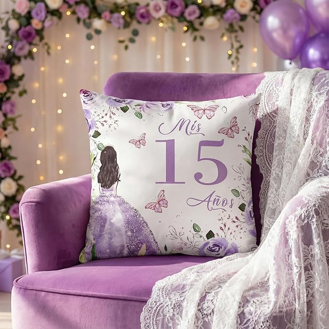 Kathfly Cojines para 15 A??os De Quincea??era Decoration 16 x 16 Inche Violet Quincea??era Pillow Gifts Mis Xv A??os Throw Pillow Sweet for Daughter Sister Friend 15th Birthday Gifts