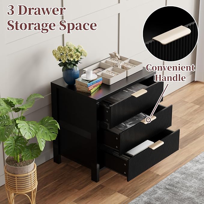 Fluted Nightstand, 23.7'' Wide Night Stand with 3 Drawers, Mid-Century Modern Bedside Table with Handles, Wood End Table for Bedroom, Black - Image 3