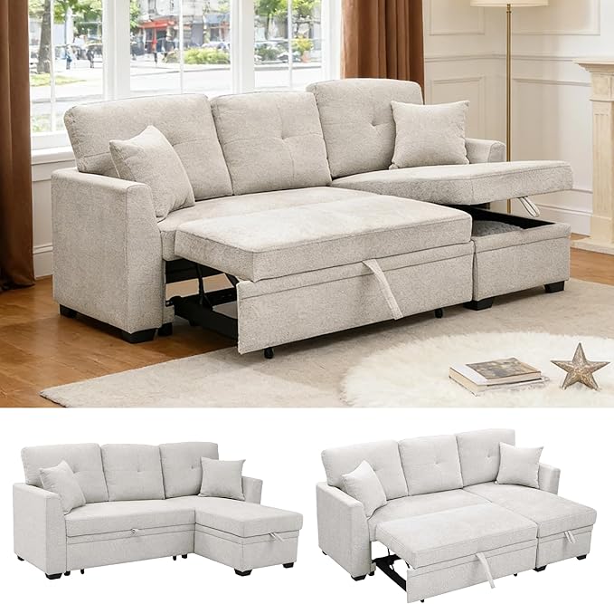 Sectional Sleeper Sofa with Pull Out Bed, L Shape Convertible Chenille Couch with Storage Chaise, 2 in 1 Pull Out Sofa Bed with 2 Seats, for Living Room, Apartment, Beige