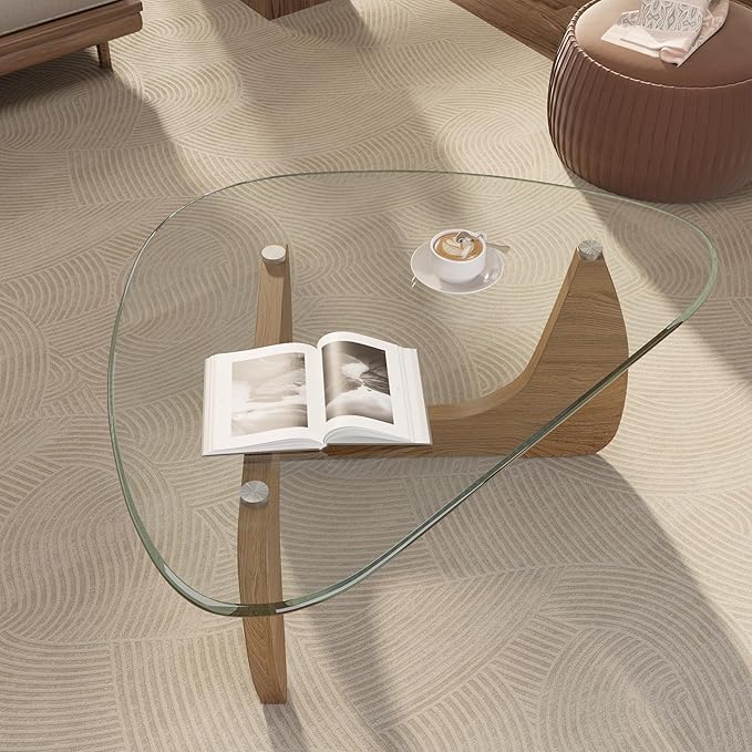 Modern Glass Coffee Table, Triangle Center Table with Tempered Glass Top& Unique Wooden Base, 35.5” Mid Century Tea Tables for Living Room, Apartment, Office,Wood &Transparent