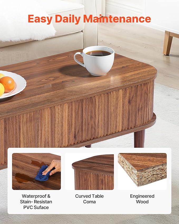 VEVOR Fluted Lift Top Coffee Table, Oval Walnut Coffee Table with 3 Hidden Compartment, Mid Century Modern Wood Center Table with Storage, Lift up Tabletop for Home Living Room Office, Easy Assembly