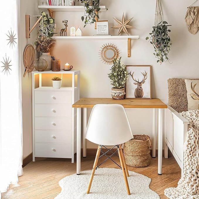 BOLUO White Dresser with 5 Drawers Tall Nightstand with Charging Station and LED Light, Bedside Table Room Storage Drawers Closet - Image 2