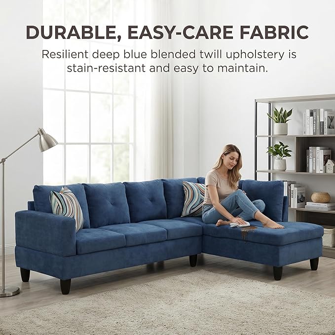 Modern L-Shaped Couch with Lounge Chaise, Comfortable Sectional Sofa with Cushions and Sturdy Frame, Perfect for Living Room, Apartment, Blue