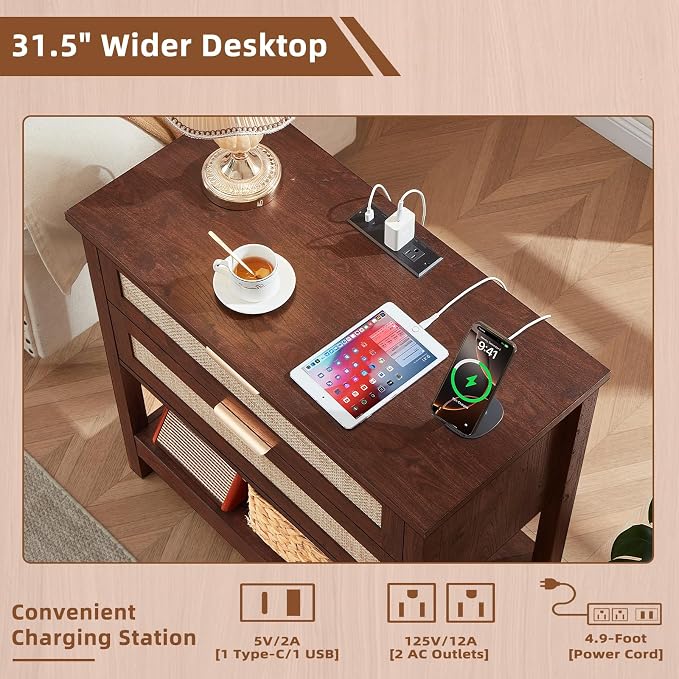 LEYAOYAO 31.5" Wide Rattan Night Stand with Charger Station, Oversized Large Walnut Nightstand with 2 Drawer, Boho Bed Side End Tables with Storage, Tall Bedside Table for Bedroom Living Room, Hallway - Image 5