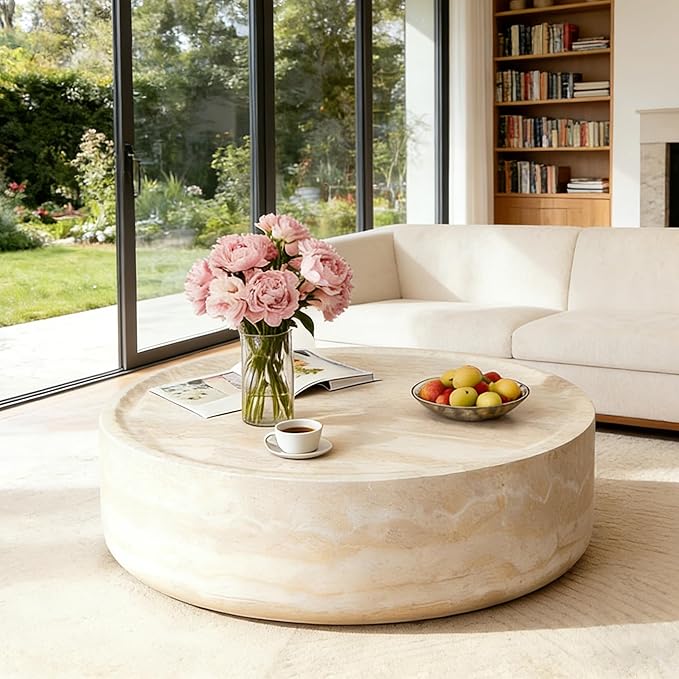35.43" Round Coffee Table in Faux Marble, Stone Coffee Table, Modern Fiberglass Drum Table, Center Table for Living Room, No Assembly.