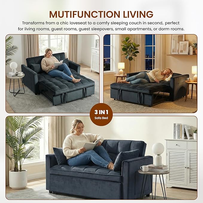 63" Sleeper Sofa with Pull-Out Bed, 3-in-1Folding Convertible Loveseat Sofa Bed with Side Pockets, Adjustable Backrest, Premium Velvet Fabric Futon Couches for Living Room
