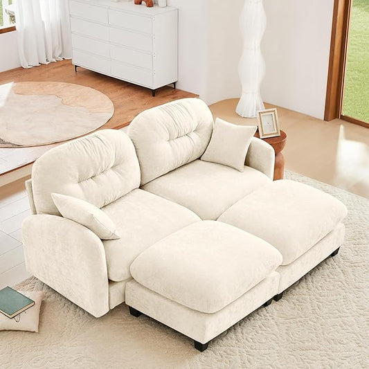 KEIKI 74" Oversized Chenille Modular Sectional Loveseat Sofa with 2 Ottoman, High-Density Foam Cushions, Tufted Pleated Cushion Backrest, Modern 2-Seater Couch with 2 Pillow, for Living Room, Beige