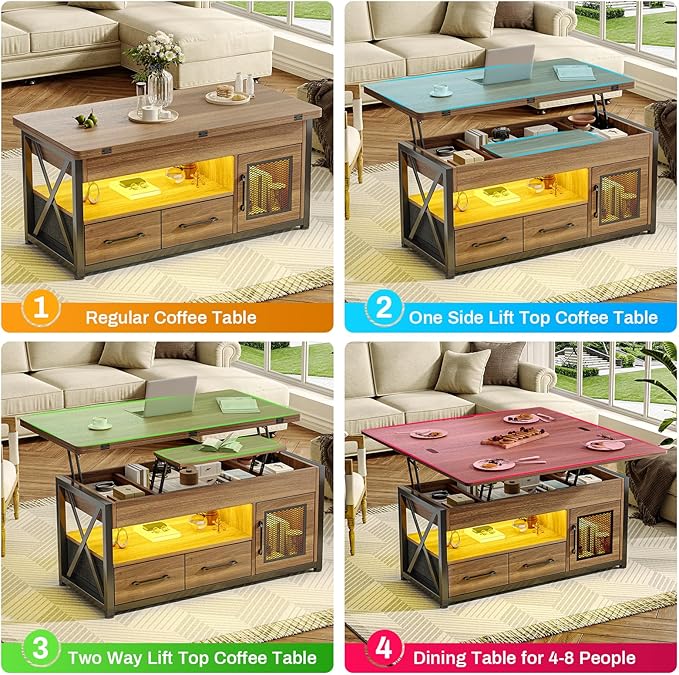 Itaar 40" Lift Top Coffee Table, 4 in 1 Coffee Tables with Storage Cabinet for Living Room, Small Farmhouse Coffee Table with 2 Fabric Drawers & LED Light for Dining Room, Oak Brown
